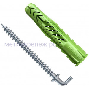 Универсальный дюбель UX 6х35 R WH с кромкой и угловым крюком Fischer 532705, зелёный нейлон, 4 шт в блистере